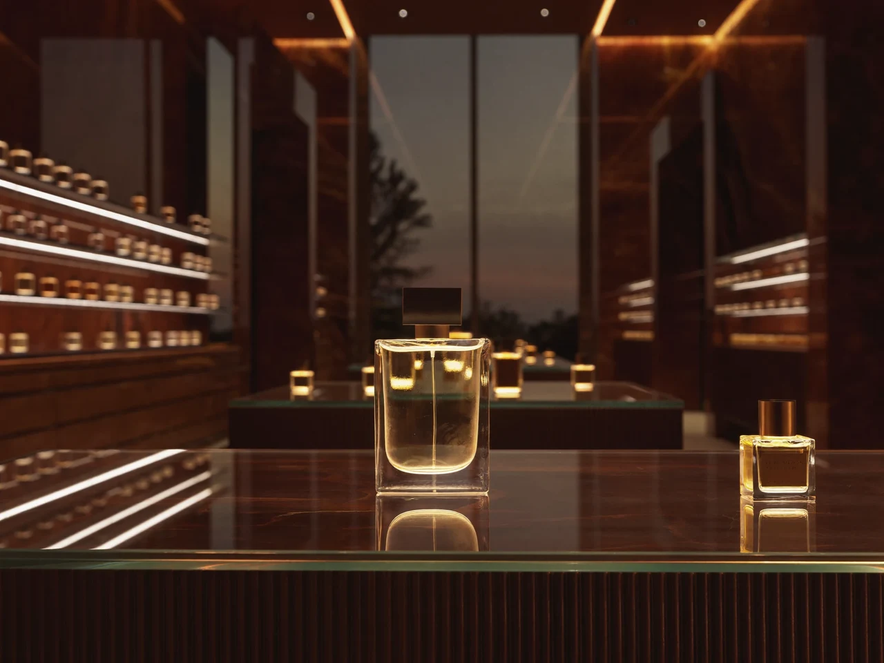 Interior de parfumerie cu sticle pe rafturi luminate, la amurg, în ilustrație conceptuală