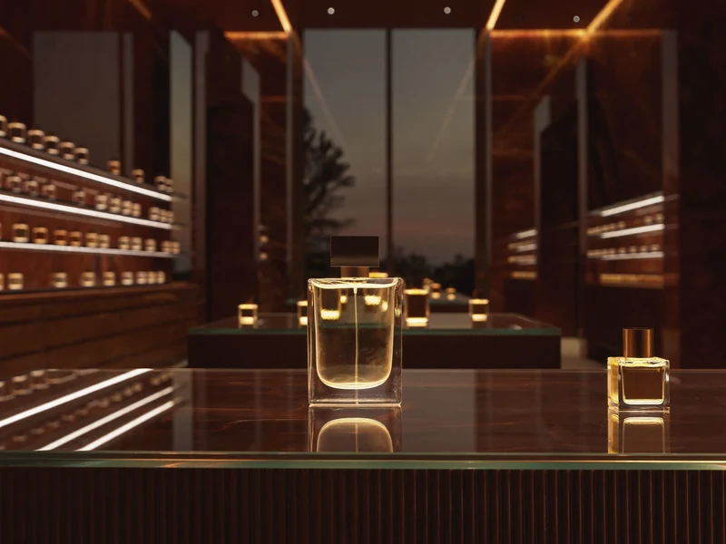 Interior de parfumerie cu sticle pe rafturi luminate, la amurg, în ilustrație conceptuală