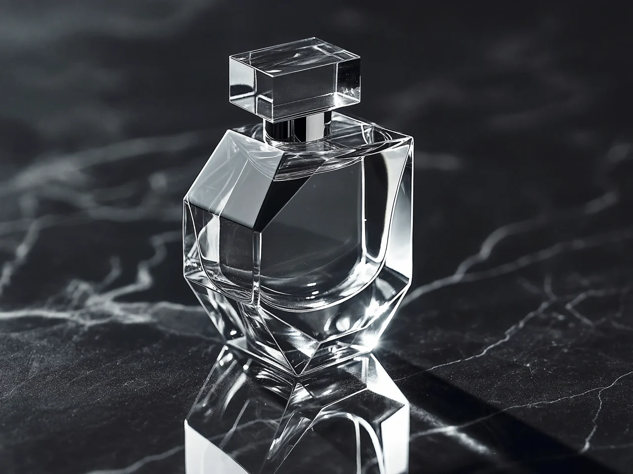 Sticlă fațetată de parfum cu capac metalic simplu, pe piatră întunecată lustruită