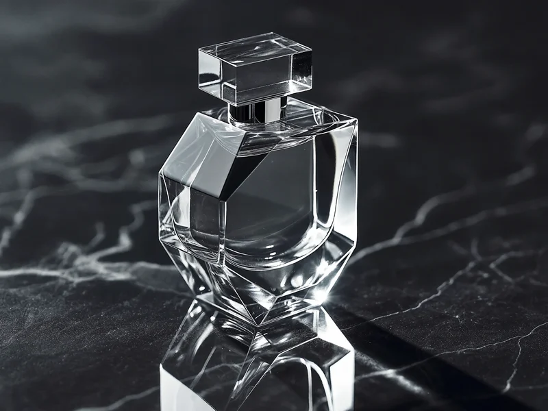 Sticlă fațetată de parfum cu capac metalic simplu, pe piatră întunecată lustruită