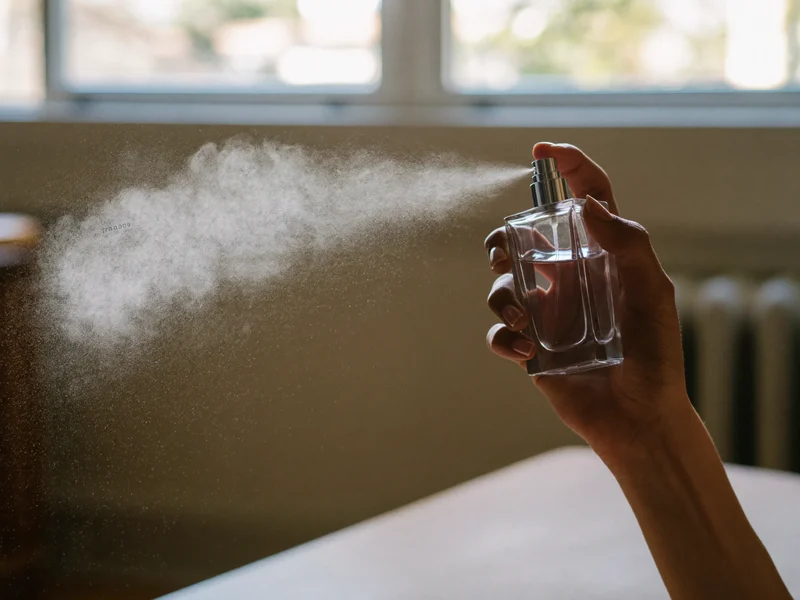 Mână care pulverizează o ceață fină de parfum într-o cameră cu lumină caldă